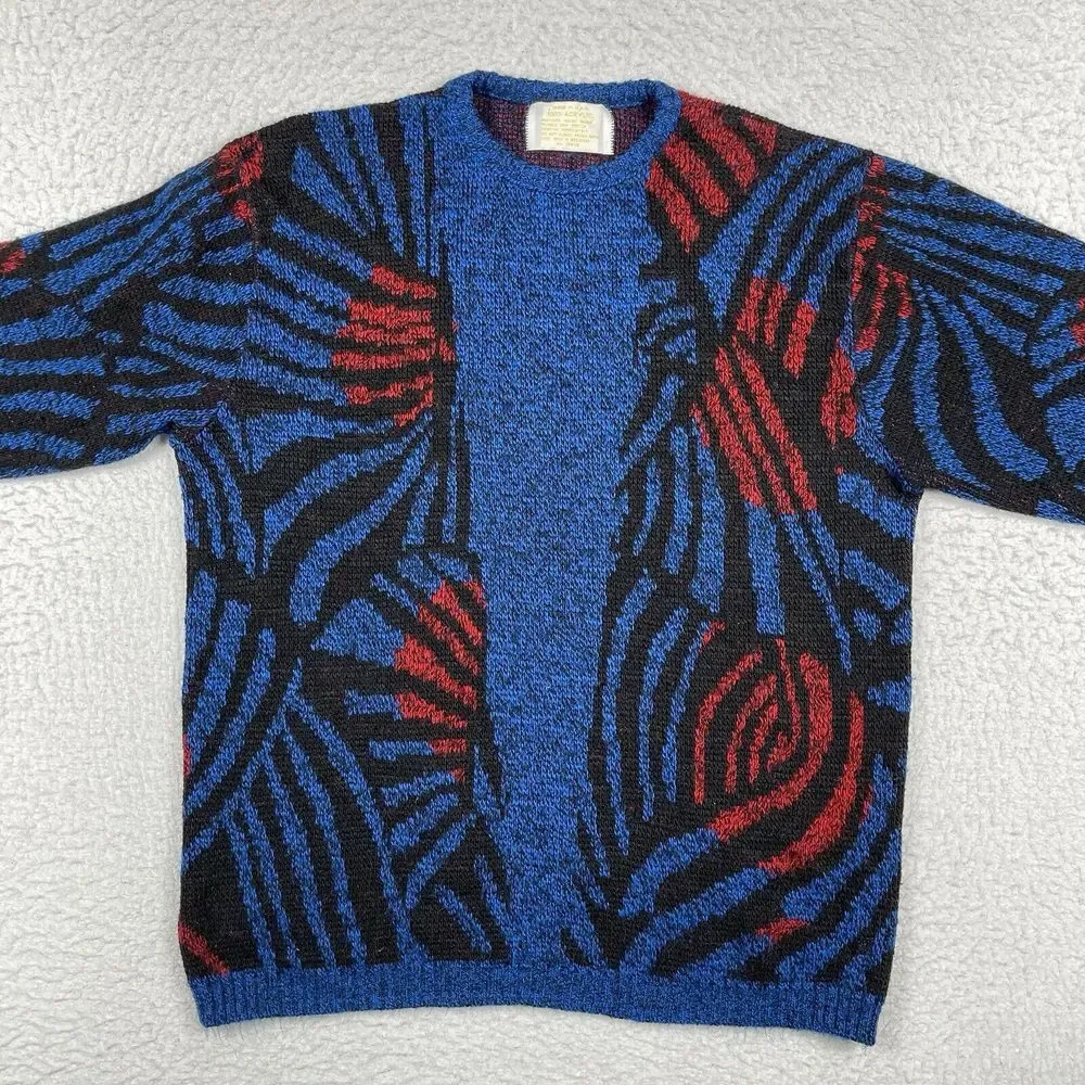 Vintage Sweater‎ Womens Large Blue Red Pullover Artsy Casual Workwear Academia